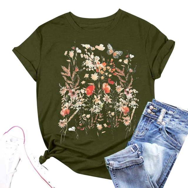 T-Shirt à Manches Courtes Imprimé Floral pour Femmes, Col Rond, Manches Longues Épaisses, T-Shirt Décontracté pour Femmes