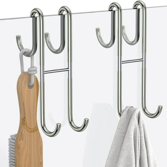 Shower Door Hooks Heavy Duty Stainless Steel Hooks Double Towel Hooks for Bathroom Metal Non Stick Coat Hooks Bathroom Glass Door Hooks for Towels,Squeegee,Loofah,Shaver,Robe