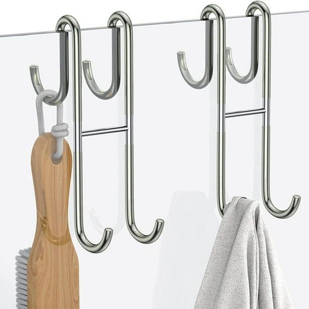 Gancho para abrigos dobles de acero inoxidable – ganchos metálicos antiadherentes para puertas de cristal de baño colgantes, sin instalación de taladro, oro plateado, organizador duradero de 9,9