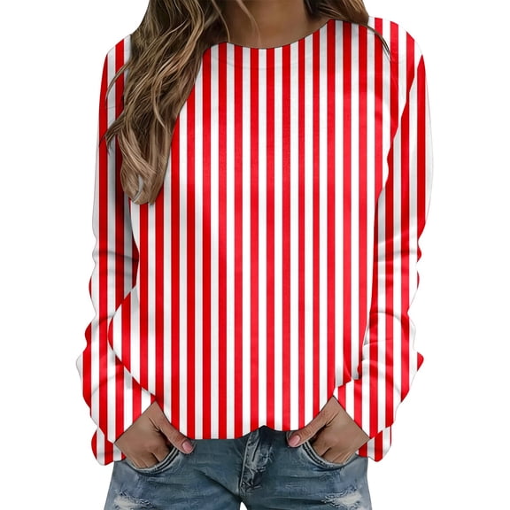 Women's Red White Striped Sweatshirt Trendy Popcorn Crewneck Long Sleeve Pullover