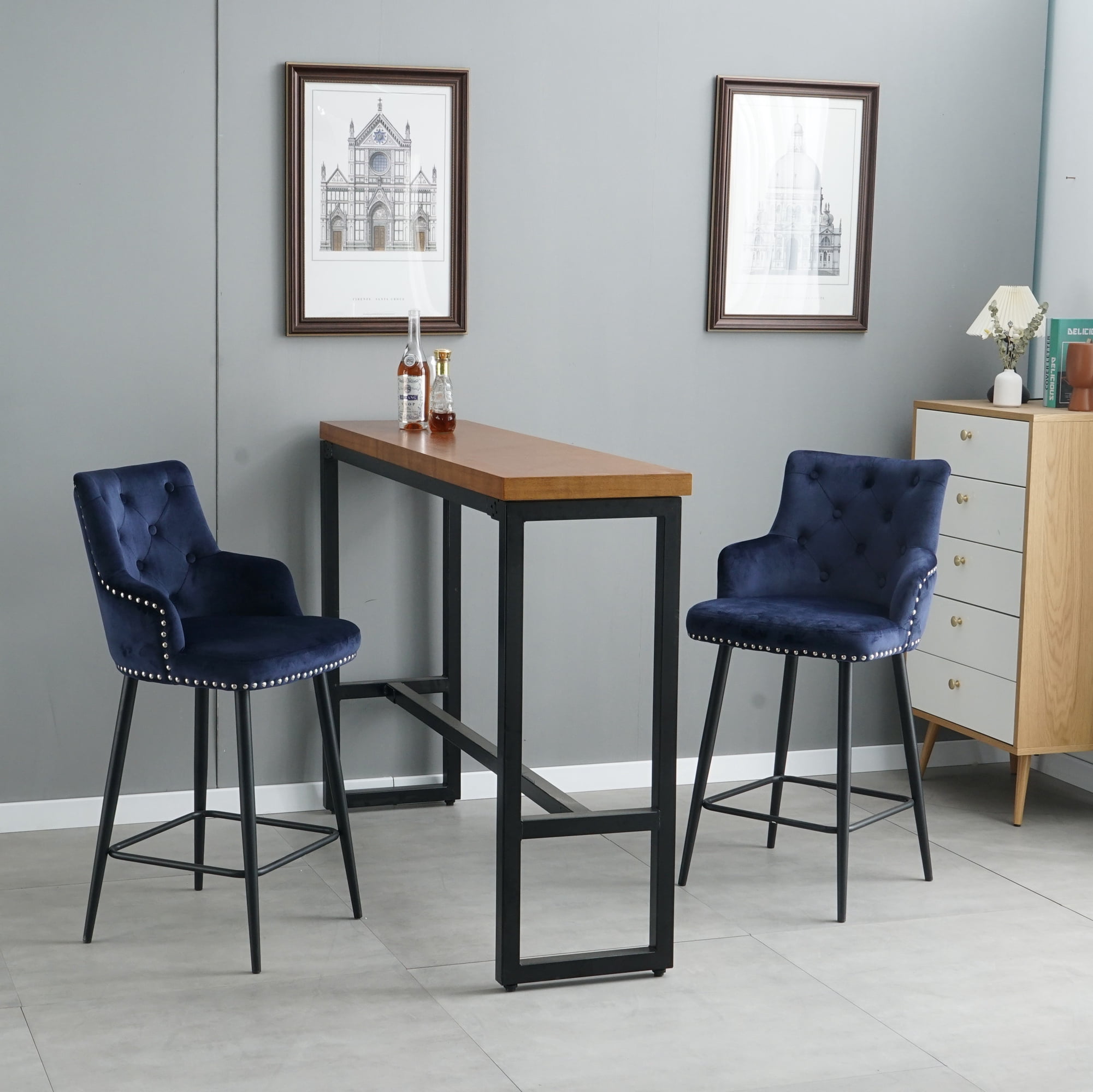 Spaco Bar Stools Set of 2 Counter Height Bar Stools Velvet Upholstered, Blue Spaco Bar Stools Set of 2 Counter Height Bar Stools Velvet Upholstered, Blue