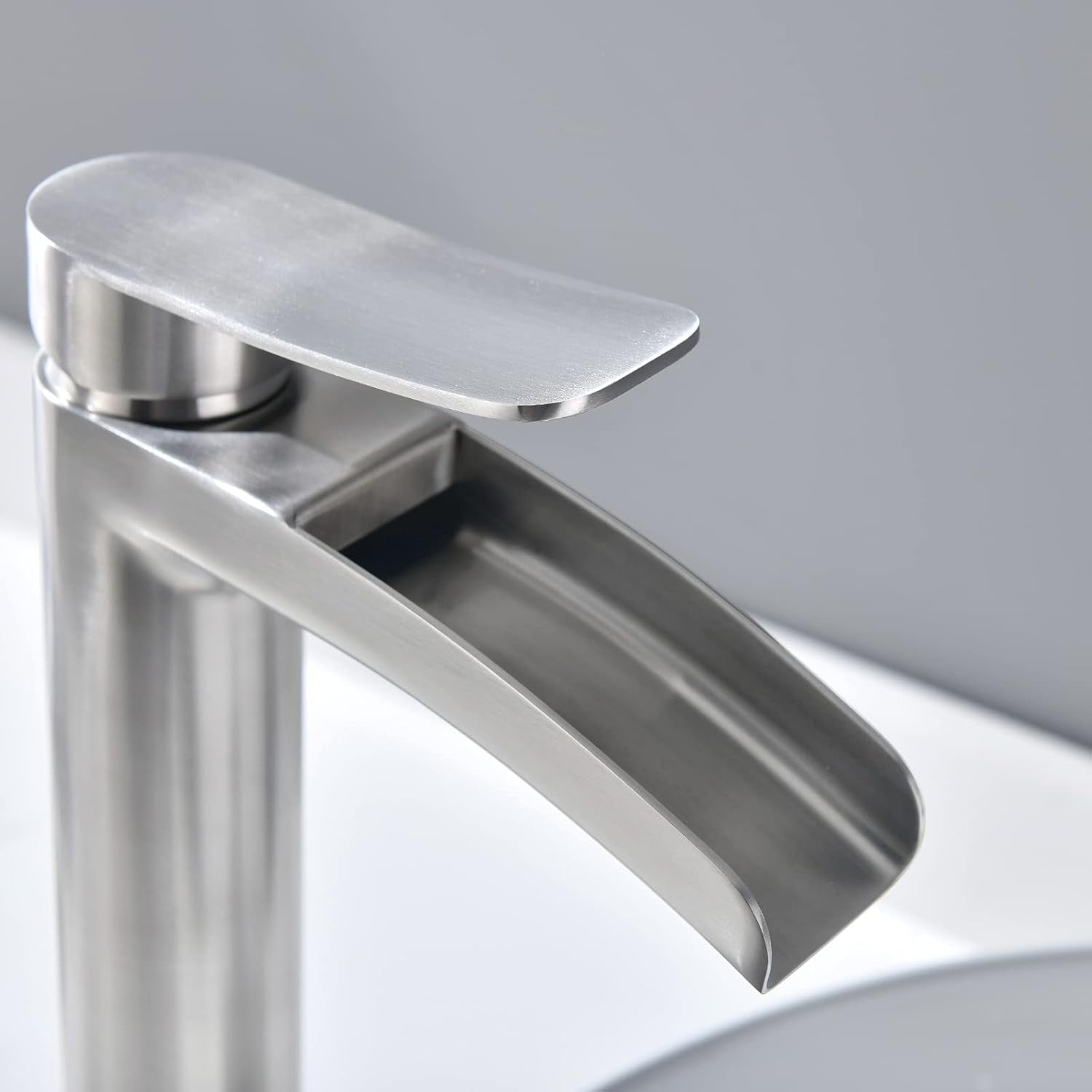 Brushed Nickel Tall Bathroom Vessel Sink Faucet, Single Hole Single Handle Waterfall Modern Bathroom Faucet, with Pop Up Drain and Water Supply Line, NS-SF01-BN-V