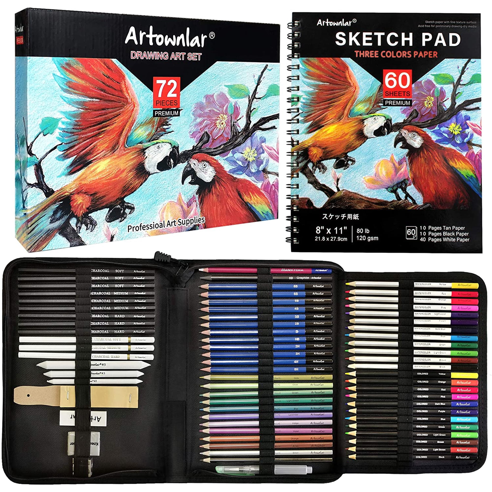 72 Pack Drawing Sketching Set with 8x11 Sketchbook | Pro Art Supplies Kit for Artist Adults Teens Beginner | Graphite Charcoal Watercolor & Metallic Colored Pencils in Gift Case.