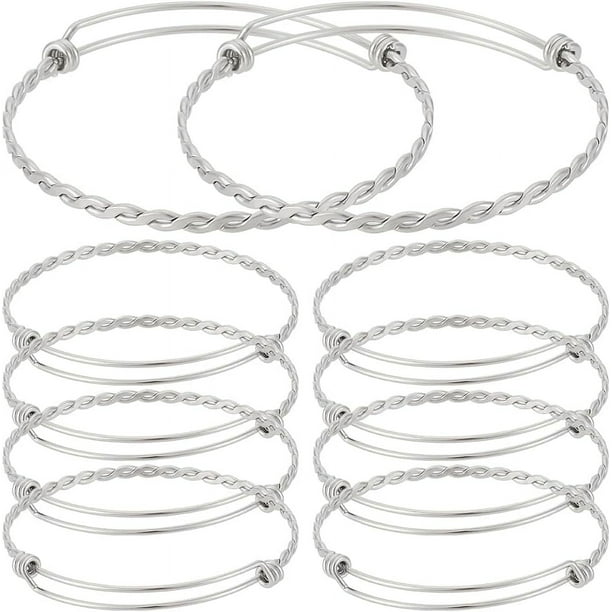 10 pulseras ajustables de acero inoxidable de 6,35 cm (2,5") con alambre expandible para manualidades y creación de joyas para mujer.