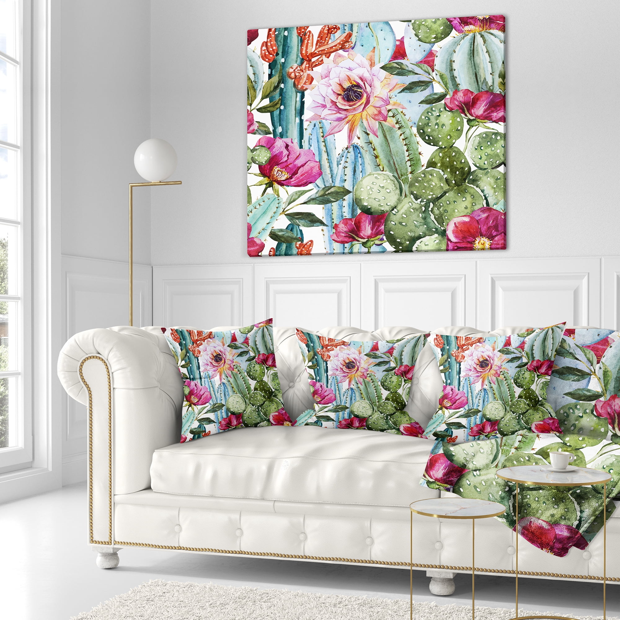 Designart Cactus Pattern Watercolor - Floral Throw Pillow - 18x18