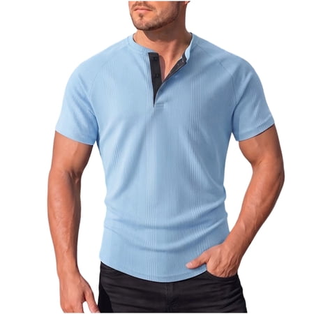 JTSRKL Men s Textured Jacquard Short Sleeve Tees Solid Color Button Design Slim Fit Tops Stretch Casual Summer Golf Stylish Business Shirts Light Blue XXXL