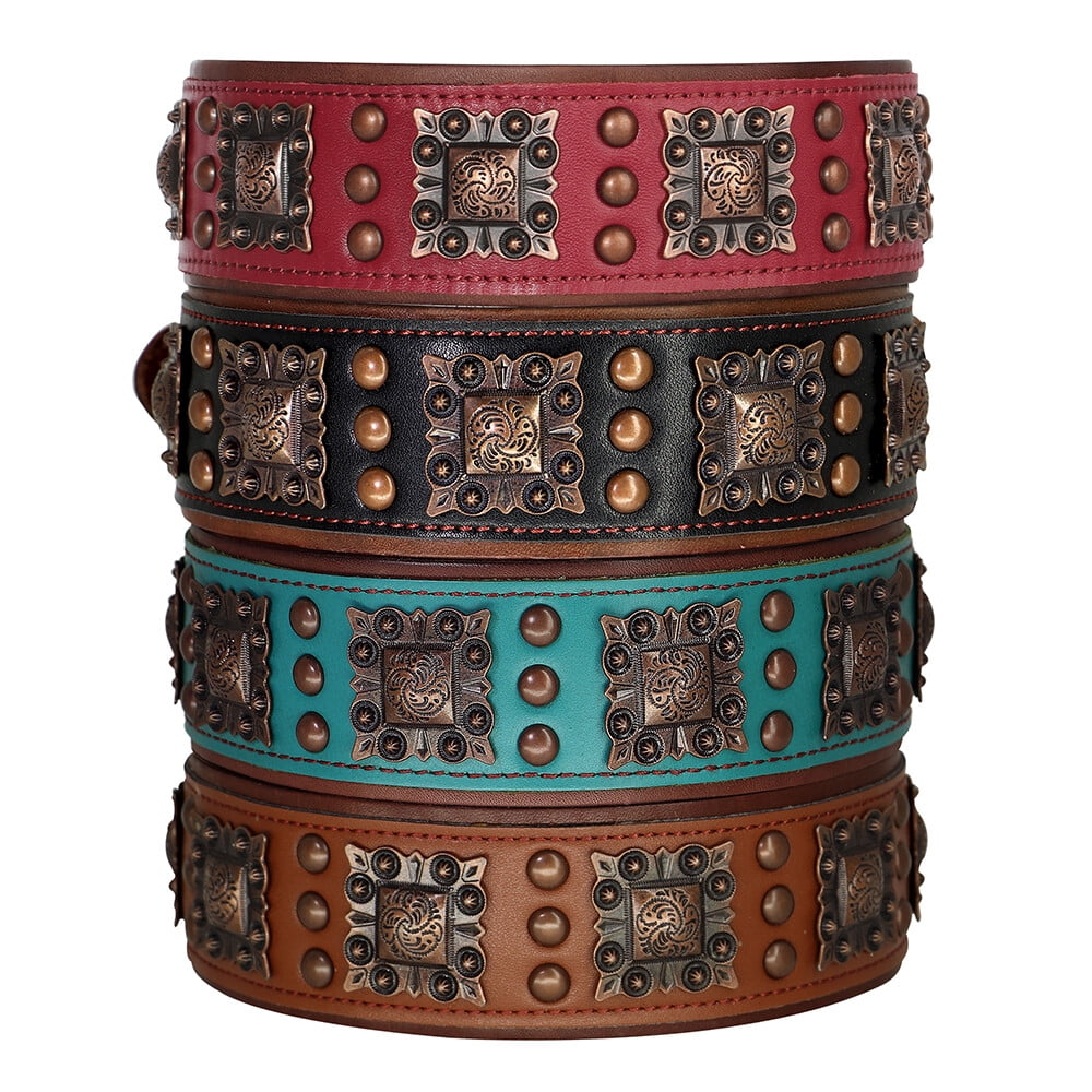 Pet Artist 2 Inch Wide Dog Collars Retro Studded Real Leather Large Pet Collars Heavy Duty Rottweiler L XL XXL