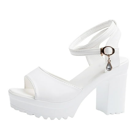 CHOII Promotion! Fashion Shallow Pointed-Toe High Heels Sexy Party Shoes Platform High Heels Ankle Strap Rhinestone Pendant Sandals for Women White/6.5