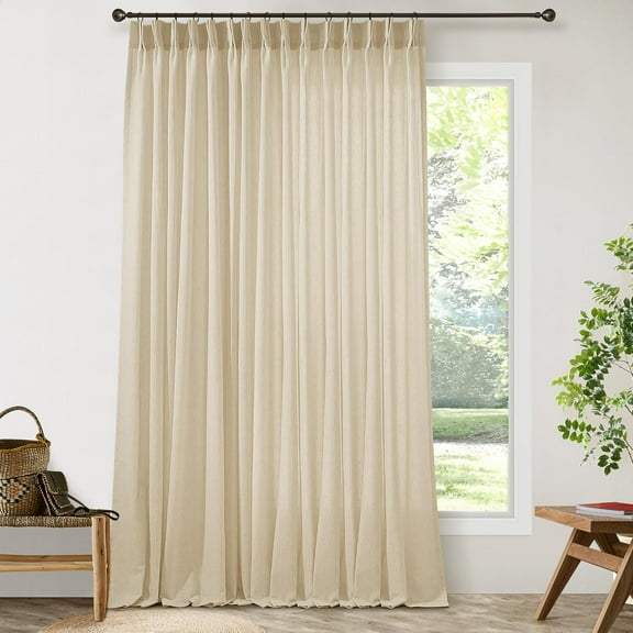 Pinch Pleat Linen Sheer Curtains 84 Inches Long 100 Inch Wide for Patio Sliding Door Light Filtering Semi Sheer Pleated Drapes Back Tab Beige Tan Extra Wide 100 x 90 Curtain for Living Dining Room