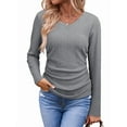 thumbnail image 2 of Womens Tops Casual V Neck Long Sleeve Shirts Solid Ruched Basic Tunics Blouses Gray S, 2 of 7