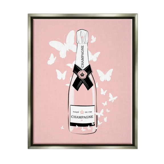 Stupell Industries Pastel Fluttering Butterflies Chic Pink Champagne Bottle Graphic Art Luster Gray Floating Framed Canvas Print Wall Art, Design by Martina Pavlova