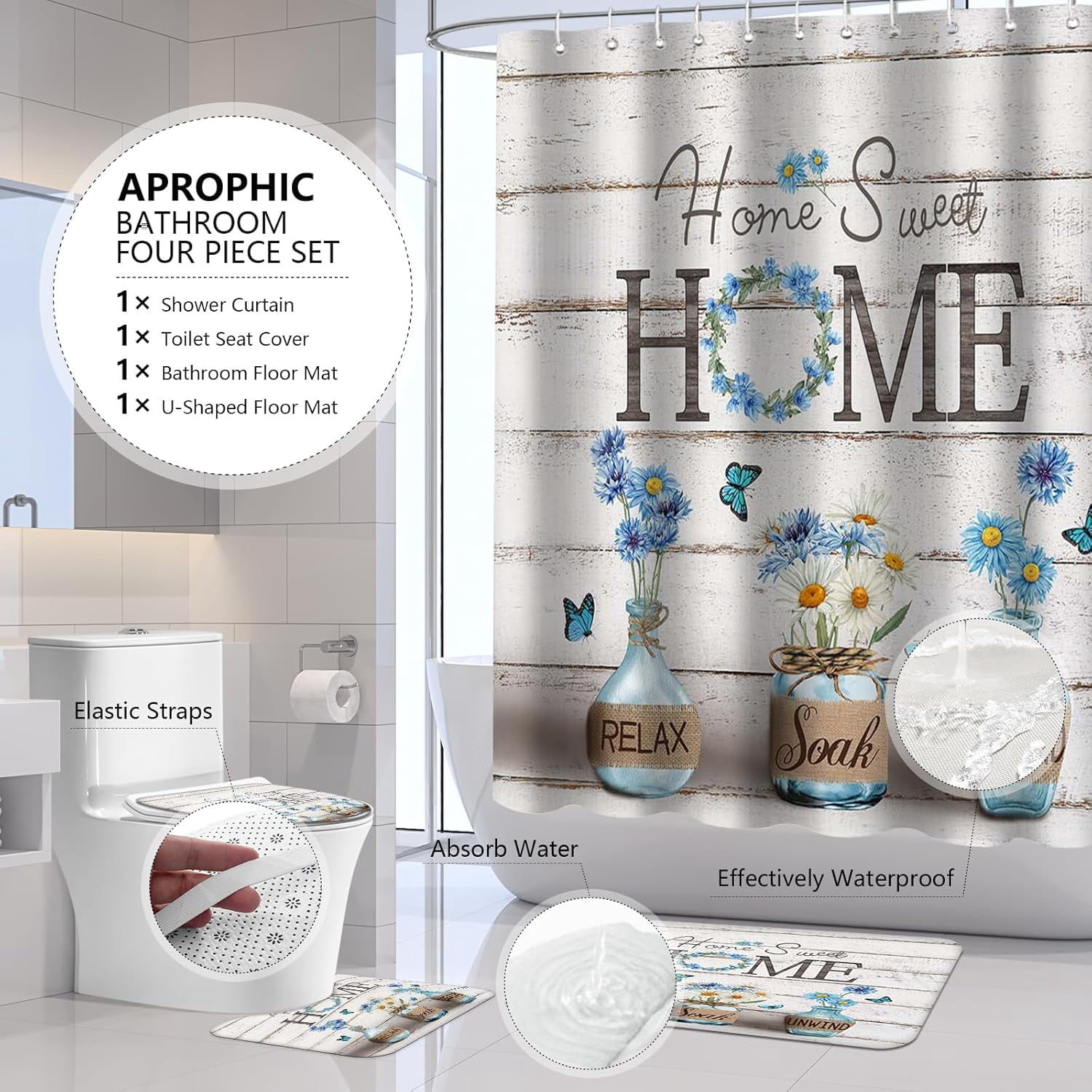 4PCS Farmhouse Shower Curtain Sets for Bathroom, Green Eucalyptus Rustic Bathroom Set with Shower Curtain and Rugs, Country Style Home Sweet Home Vintage Bathroom Decor Accessories