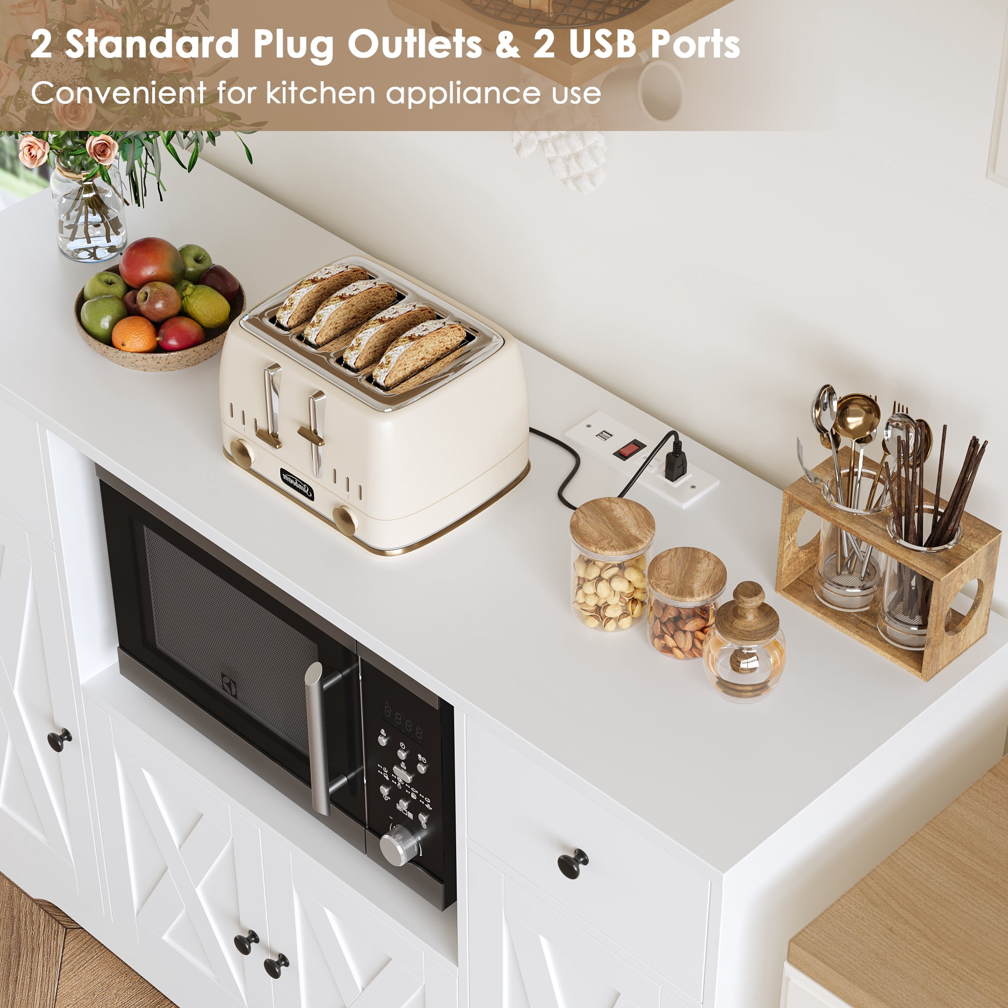 Homfa Kitchen Buffet Cabinet with Microwave Shelf, 47" W Sideboard with Charging Station, Microwave Coffee Buffet for Kitchen Dining Room, White