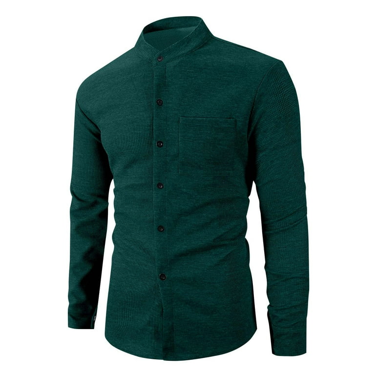 Kakii Men's Waffle Collarless Dress Shirt Banded Collar Long Sleeve Button Down Shirts Stretch Formal Tops with Pocket, Size: 2XL, Green