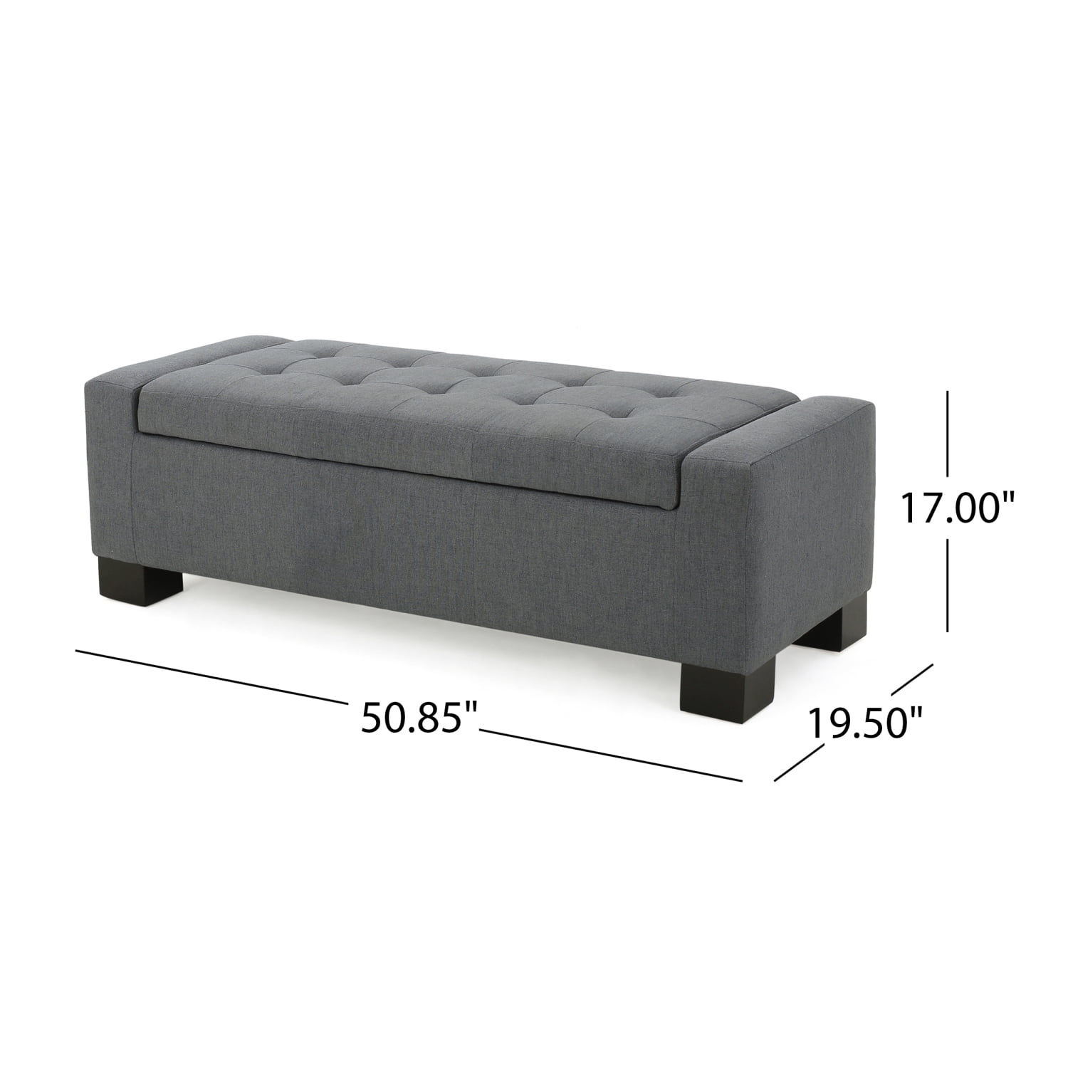 Lisonu Guernsey Storage Ottoman Bench with Hidden Storage, Grey Upholstered Polyester, Coffee Table & Accent Seat for Living Room, Entryway or Bedroom — 50.25L x 20W x 16.75H