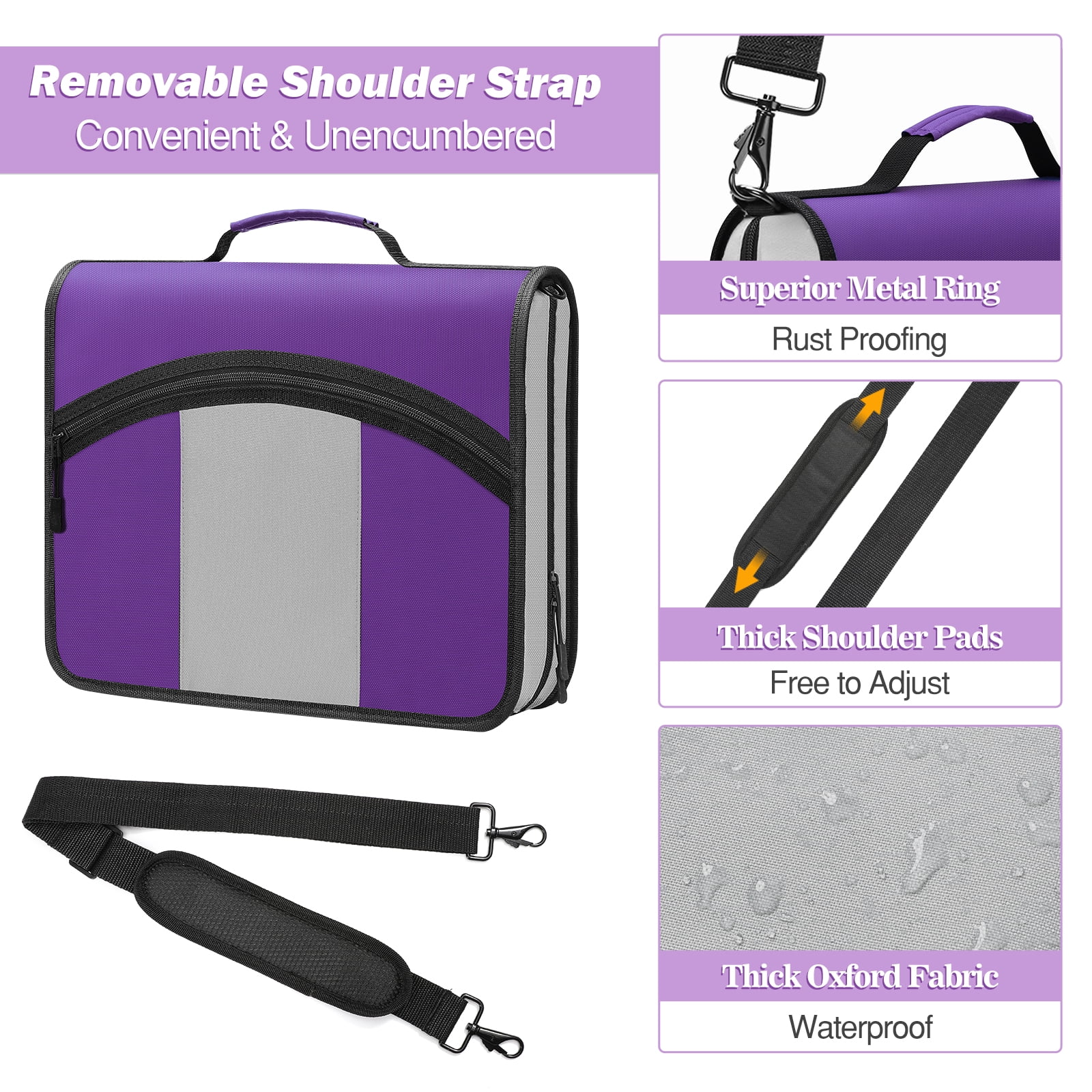 MoKo Zipper Binder 3 inch 3 Ring Binder, 600 Sheet Capacity Multi-Pocket School Binder Organizer with Handle and Shoulder Strap, Purple & Gray