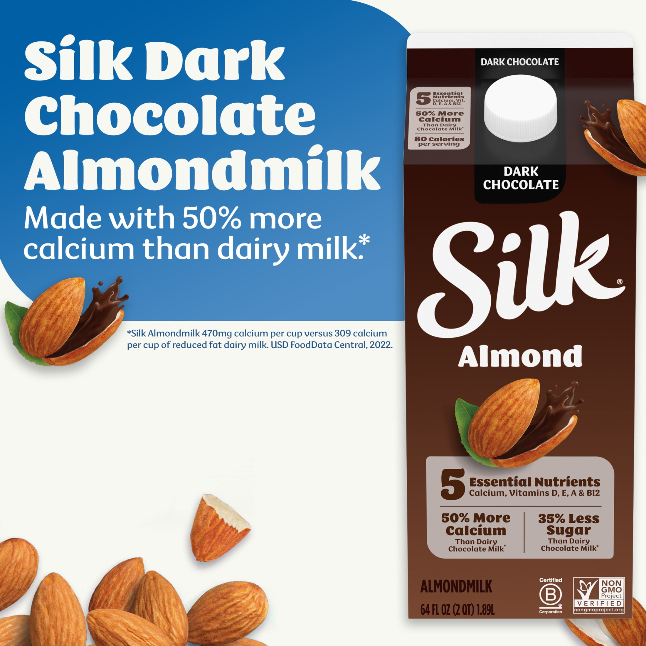 Silk Dairy Free, Gluten Free Dark Chocolate Almond Milk, Plant Based Milk Half Gallon, 64 fl oz