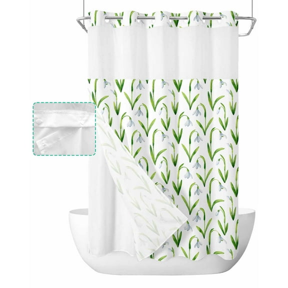 No Hook Shower Curtain with Snap in Liner, Spring Blue Tulip with Green Leaves Hotel Shower Curtains for Bathroom, Washable Shower Curtain Liner Set with Mesh Top Window, 54"x78"