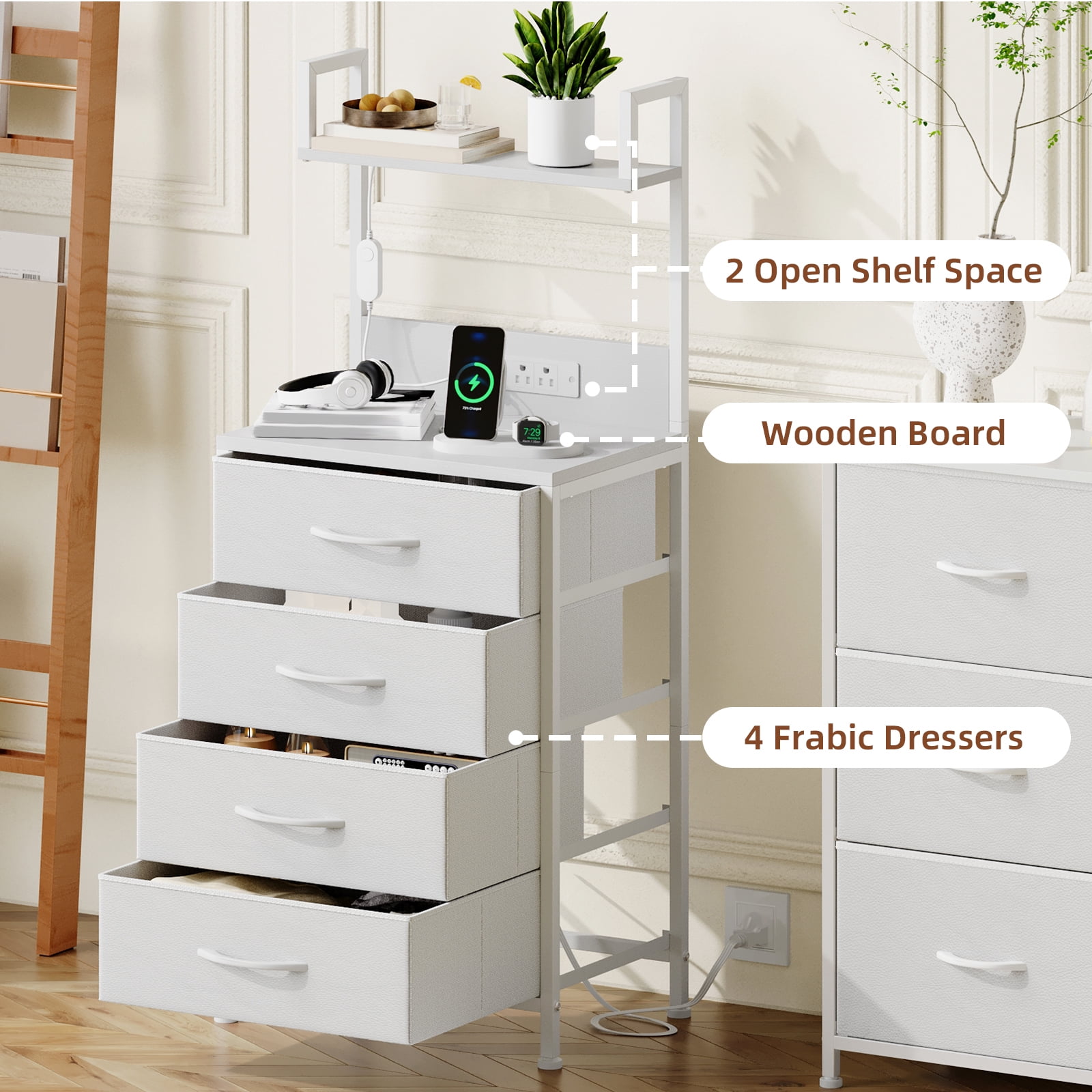 Eunos Tall Nightstand with Charging Station, White Dresser with 4 Drawers and Storage Shelves for Bedroom