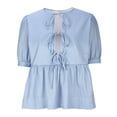 thumbnail image 4 of Women Y2K Puff Short Sleeve Peplum Shirts Tie Front Ruffle Hem Babydoll Blouse Tops Teen Girls Lace up Cute Summer Tops, Limited Time Offer, Under 10 Dollars, 4 of 6