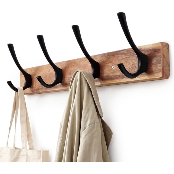 Coat Rack Wall Mount,Acacia Coat Hooks Wall Mount,15" Wall Coat Rack with Heavy Duty 4-Double-Hooks,Hat Rack Wall Coat Hanger for Towel/'s Leashes/Coat/Bag
