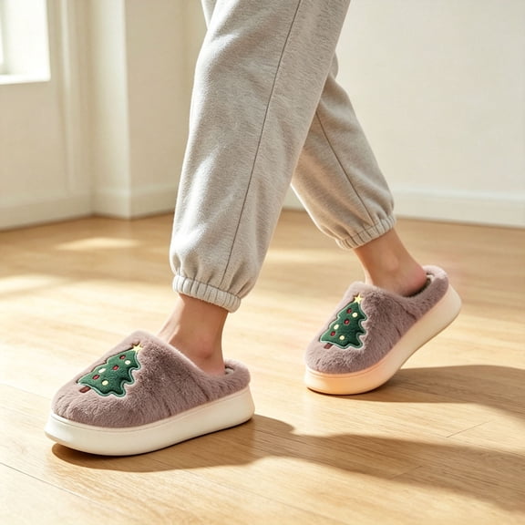 JUSLIO Womens Slippers Flat Sole Non Slip Indoor House Slippers Closed Toe Slide Slip On Fuzzy Plush Slippers Khaki
