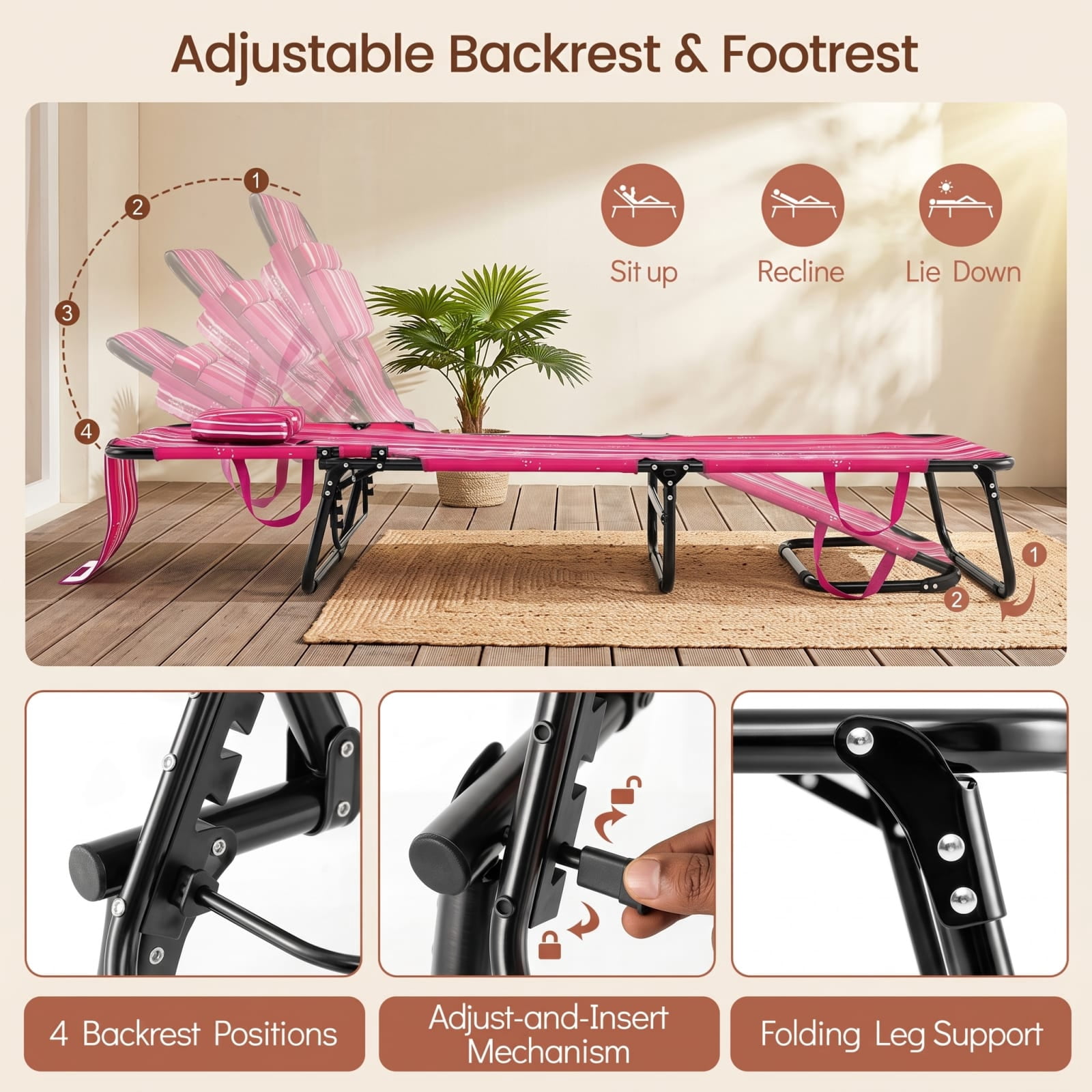 Furnibear Pink Stripe Folding Patio Chair Metal for Porch Deck Balcony Holds 330 lbs Weather-Resistant Outdoor Furniture