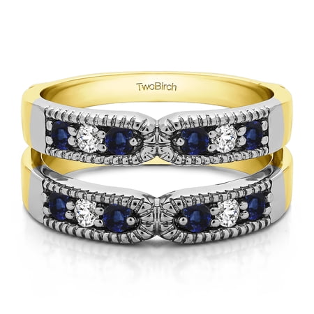 Diamonds (G,I2) and Sapphire Mounted in Sterling Silver Double Shared Prong Vintage Ring Guard (0.48ctw)