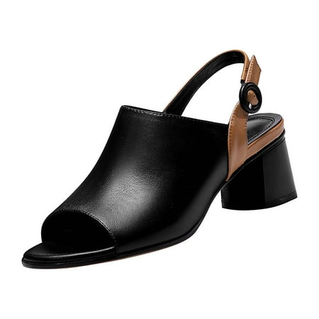 

TUOBARR Heels Women s Summer Block Heel Fish Mouth Leather Sandals Black
