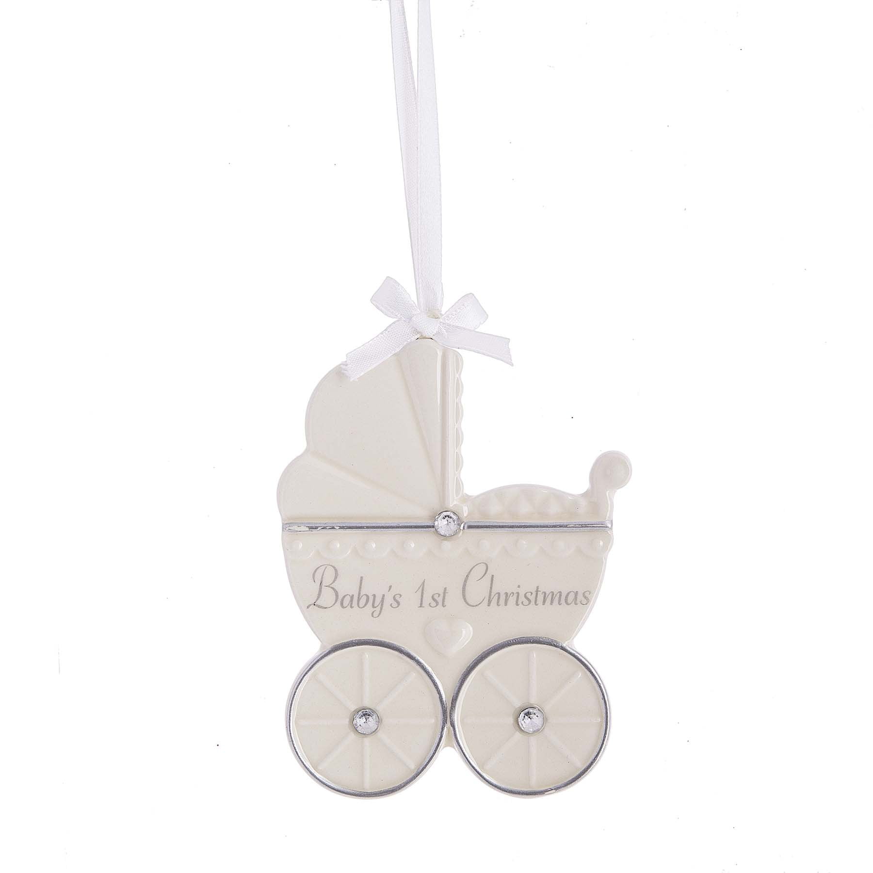 Midwest CBK Baby's First Birthday Pram Carriage White 4 x 3 Inch Earthenware Christmas Ornament
