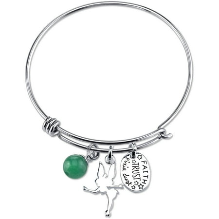 Disney Tinkerbell Women's Stainless Steel Faith Trust Pixie Dust with 8mm Green Aventurine Bead Catch Bangle