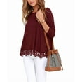 thumbnail image 4 of JWD Women's Tops Long Sleeve Lace Trim O-Neck A Line Tunic Blouse Wine Red-Small, 4 of 5