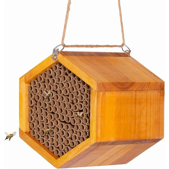 Mason Bee House - Handmade Natural Wooden Bee Hive Coated with Wax for Water-Proof and Long Service Life - Attracts Peaceful Bee Pollinators to Your Garden, Bee Houses for Garden