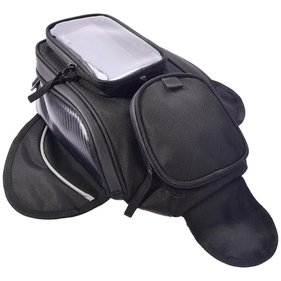 Waterproof Motorcycle Tank Bag, 12.2x7.5x6.3 Inch, Multi-Compartment with Phone Window, Magnetic or Strap Mount, Nylon, for Phone, GPS, Essentials, Black