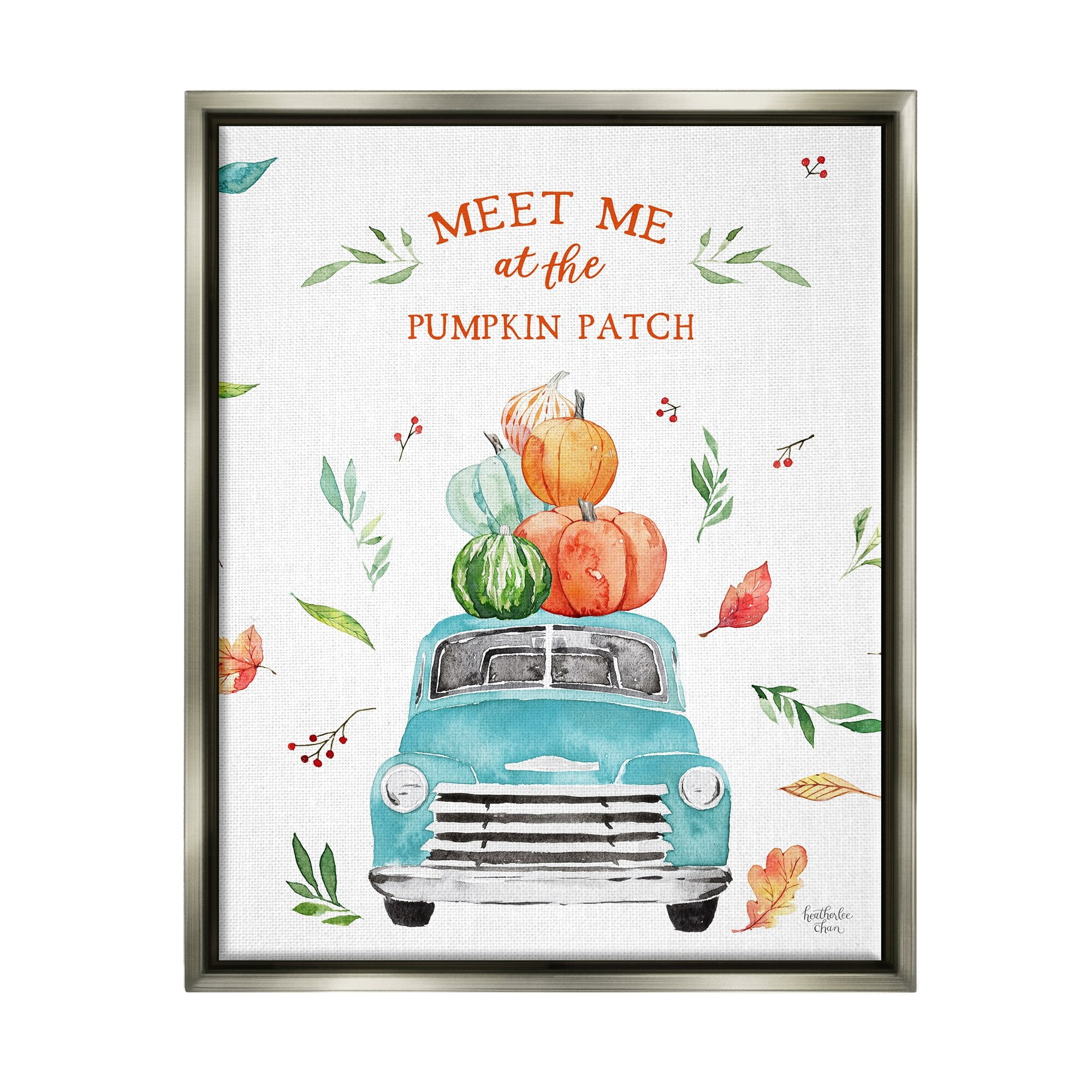 Stupell Industries Pumpkin Patch Seasonal Leaves Botanicals Blue Truck Graphic Art Luster Gray Floating Framed Canvas Print Wall Art, Design by Heatherlee Chan