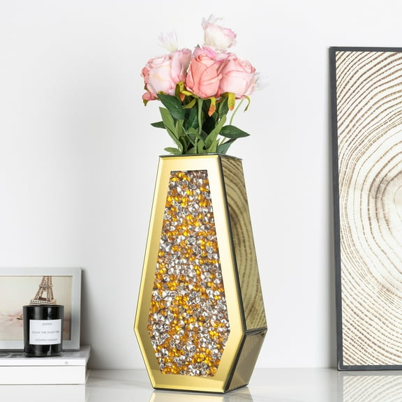 SHYFOY Gold Crushed Diamond Flower Vase – Tall Rhinestone Crystal Glass Vase for Centerpieces & Home Decor – Not for Water