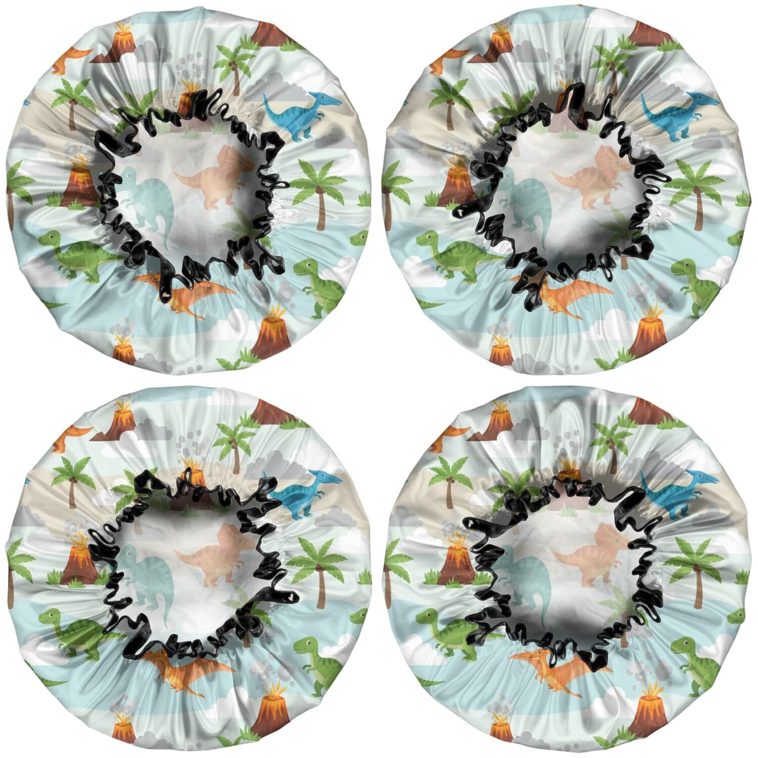 Shower Caps,LightBlue Cartoon Dinosaurs Volcanoes Palms Patter Waterproof Shower Cap for Women 4 Pieces,Double Reusable Hair Cover for Shower PEVA Elastic Stretch Hem