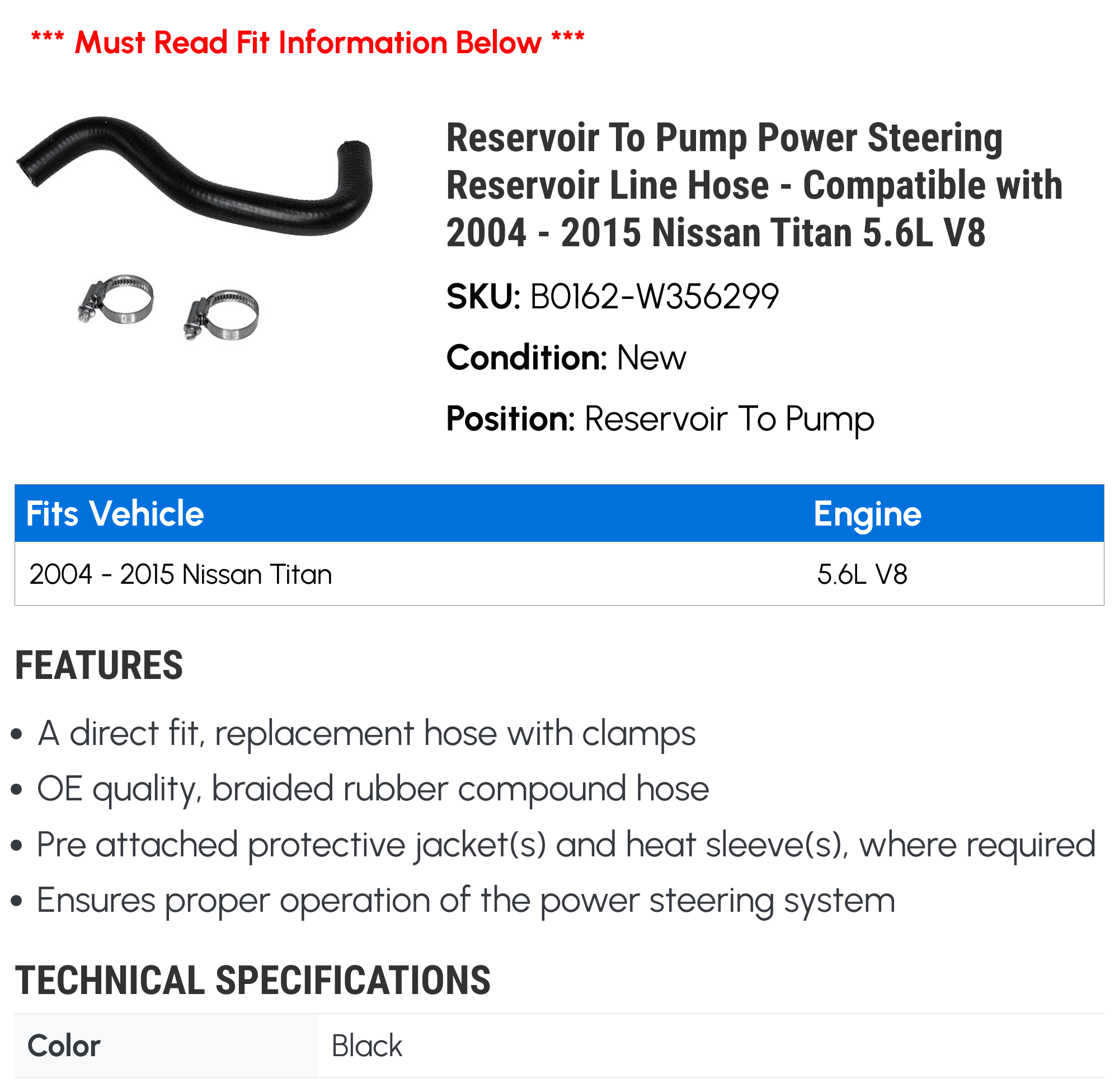 Reservoir To Pump Power Steering Reservoir Line Hose - Compatible with 2004 - 2015 Nissan Titan 5.6L V8 2005 2006 2007 2008 2009 2010 2011 2012 2013 2014