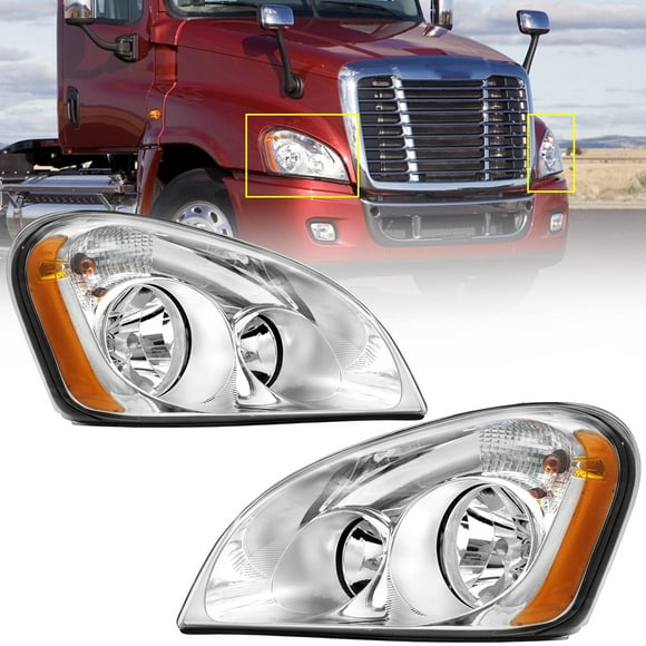Headlights Assembly Fit For 2008-2016 Freightliner Cascadia, Chrome Housing And Amber Reflector Headlamps,Left and Right Pair Set, Including Halogen bulbs