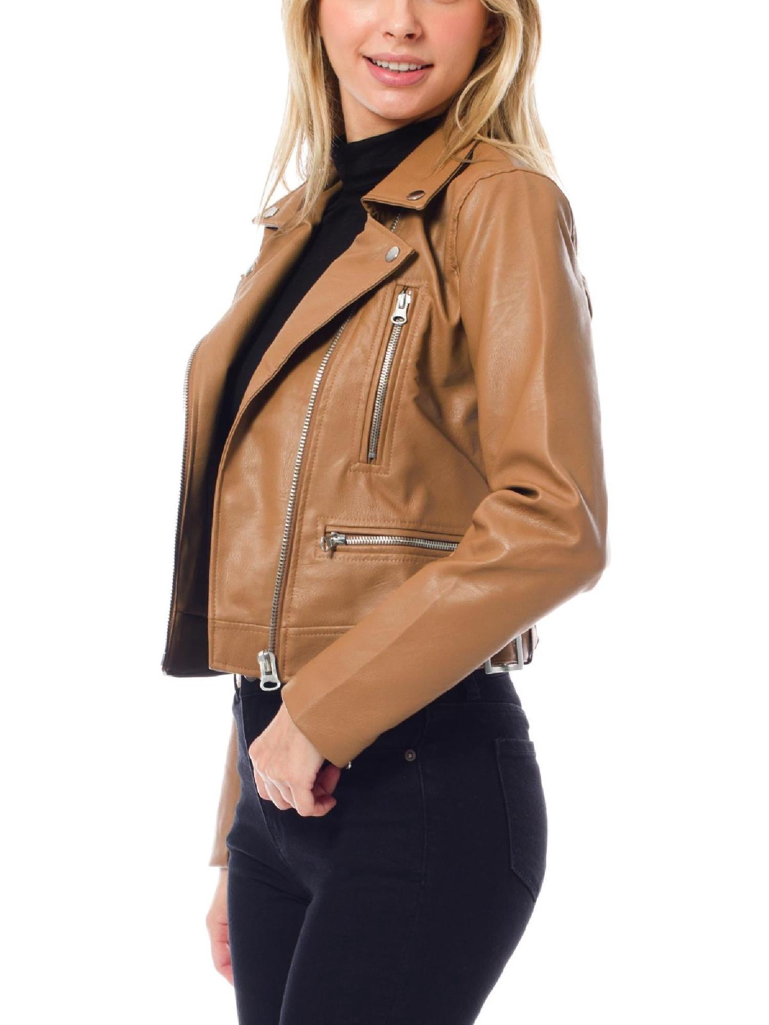 MixMatchy Women's Faux Leather Long Sleeve Zipper Closure Moto Biker Short Coat Jacket
