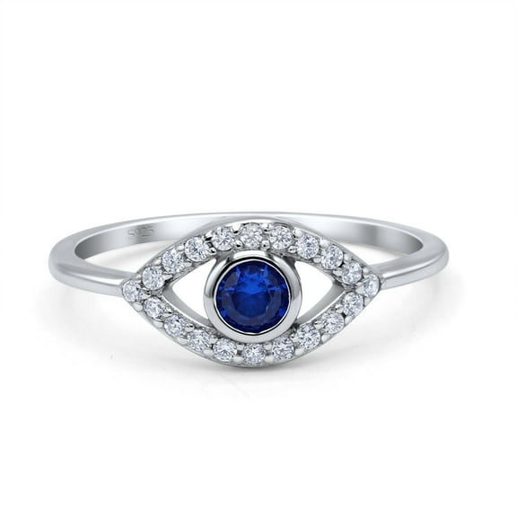 Halo Eye Evil Pave Blue Sapphire Cubic Zirconia Ring Band 925 Sterling Silver Size 8
