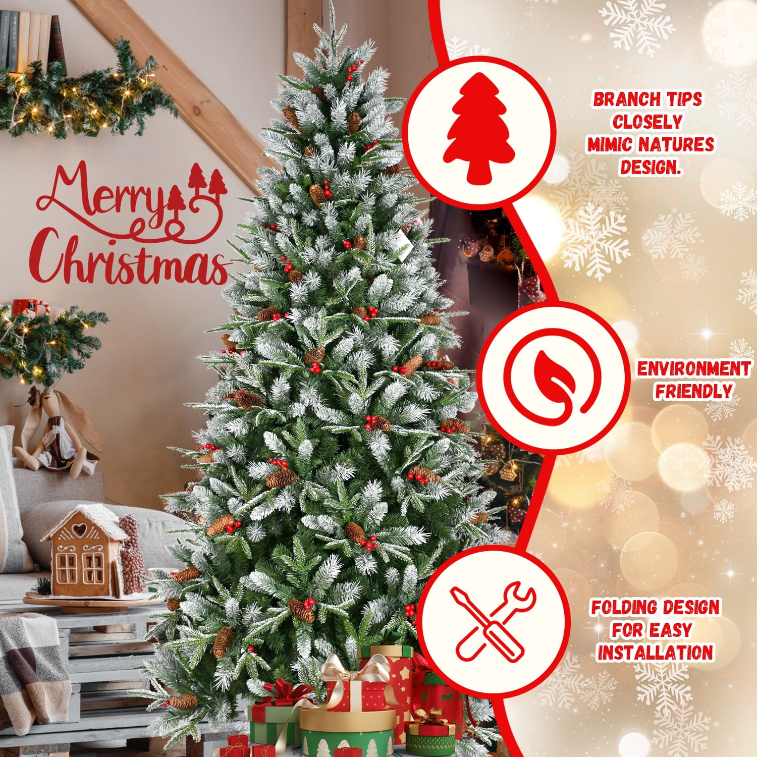 8 Ft Christmas Tree with 2850 Tips, Red Berries & Pine Cones, Snow-Dusted PE+PVC Branches, Hinged Design for Easy Setup, Sturdy Metal Stand, Full, Natural Holiday Tree Decoration
