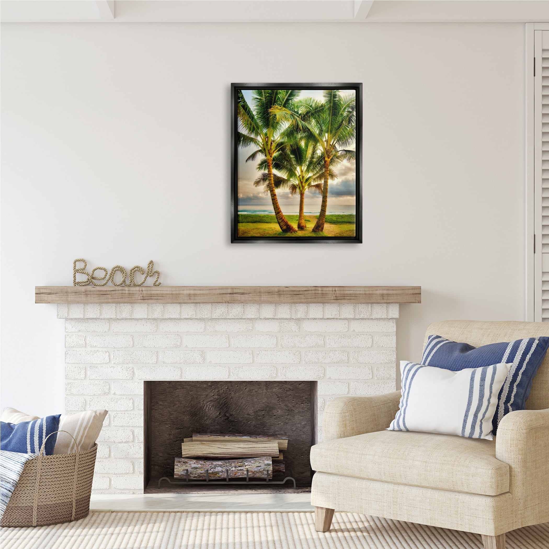 Stupell Industries Three Palm Trees on Beach Nature Painting Black Floater Framed Art Print Wall Art, 25 x 31