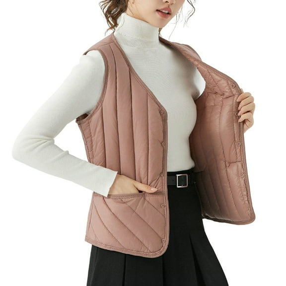 Ruimatai Women's Plus Size Sleeveless Puffer Vest Warm Button Down Jacket Cozy Fleece Lined Casual Outerwear Brown Polyester