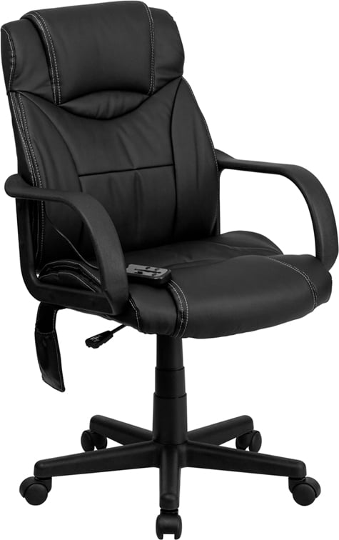 Mid-Back Massaging Black Leather Swivel Office Chair w/ Built-In Lumbar Support 