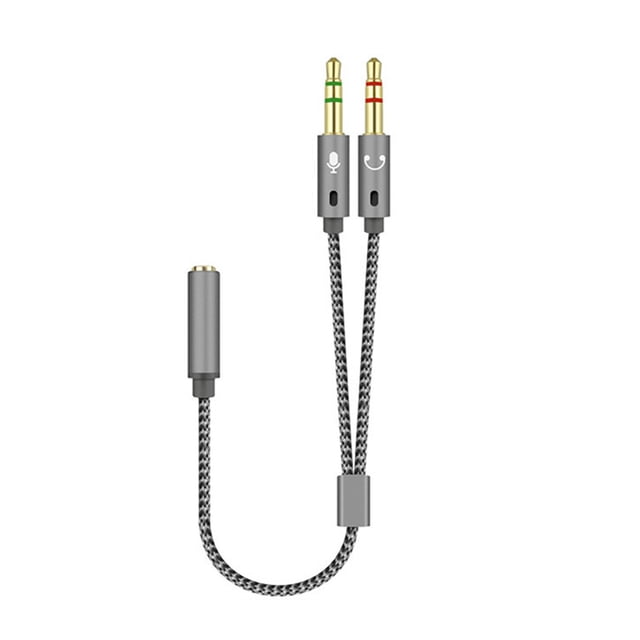 Cable de audio doble entrada 3.5mm a salida única, tejido resistente, 25cm de largo, disponible en plata o negro.