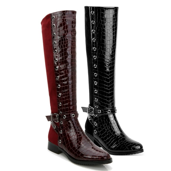 Ferwind Women's Long Boots Two-Tone Contrast Perforated Stud Accents Adult Burgundy 8