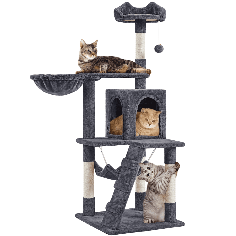 Alden Design 54" Cat Tree with Hammock, Basket and Scratching Post Tower, Dark Gray