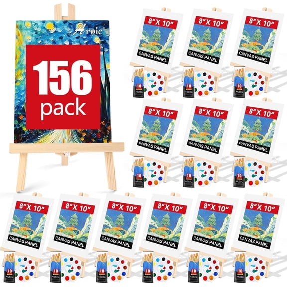 156 PCS Professional Painting Set with Easels, 12 Wood Easels,120 Brushes with Nylon Brush Head,12 Drawing Boardart and 12 Palette, Painting Supplies kit for Adults to Painting Party.