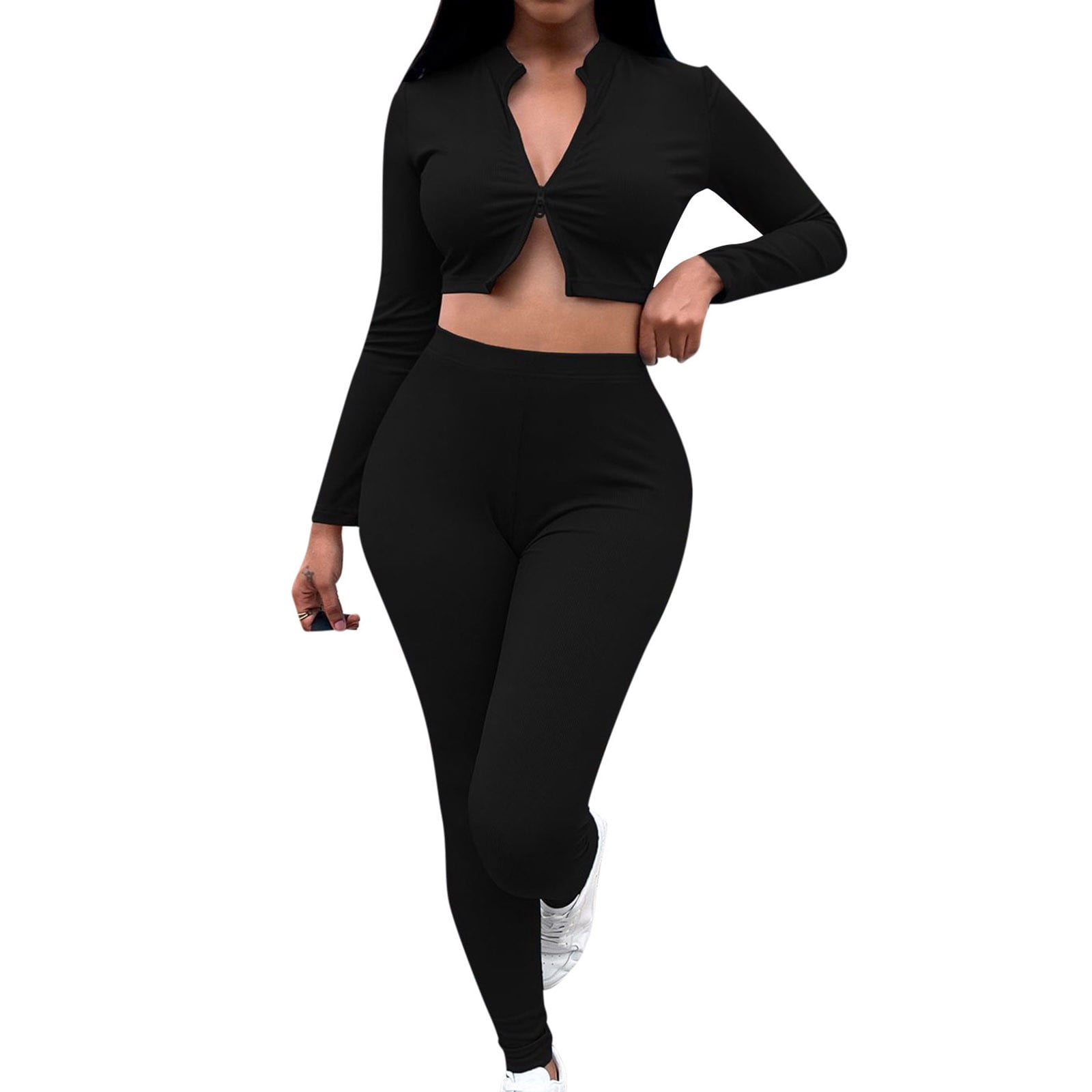 Women's Casual 2 Piece Outfits Sexy Slim Fitted Zipper Long Sleeve Crop Top  with Long Pants Leggings Tracksuit Set - Walmart.com